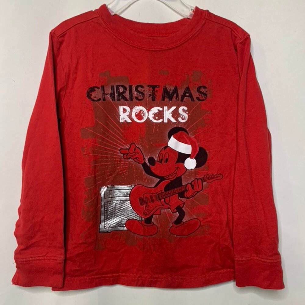 Boy's Disney Size 5T -Red Long Sleeve Christmas Rocks Mickey Top Shirt